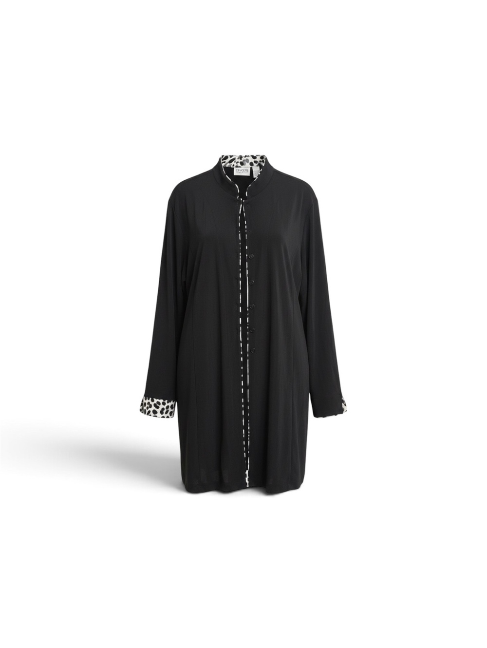 Chico’s Travelers Sz 3 Black Longline Jacket Leopard Trim Collar Cuffs